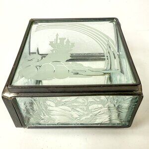 Vintage Disney Etched Castle Rainbow Metal Glass Display Mirror Square Box